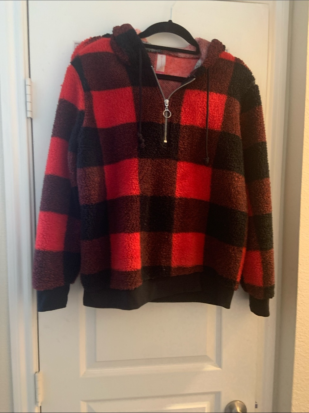 No Boundaries Red and Black Buffalo Plaid Sherpa Hoodie